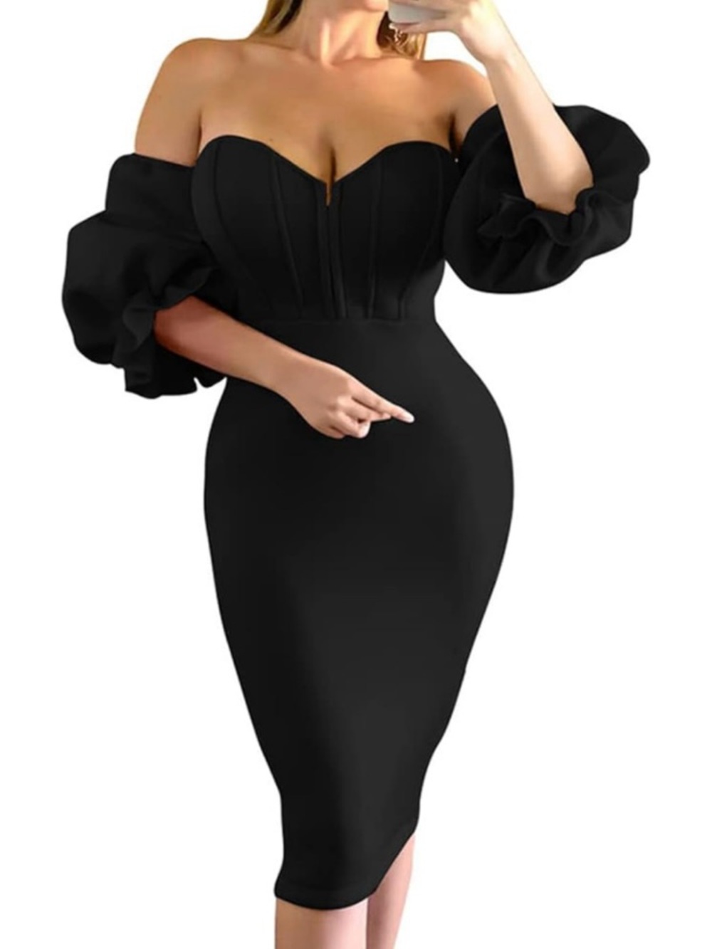 Strapless Sweetheart Bodycon Dress with Puff Sleeves - Black